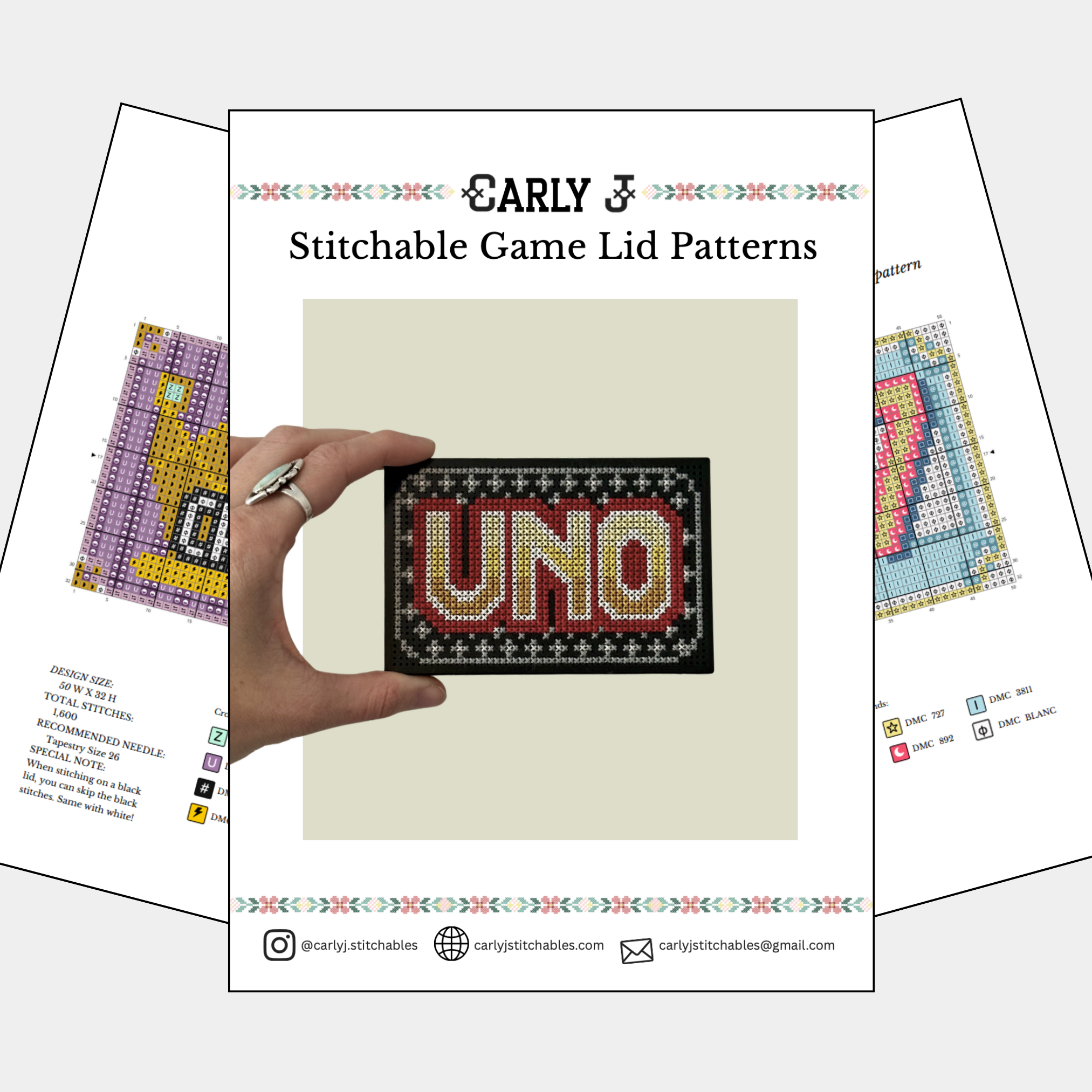 A promotional mockup for Carly Stitchable Game Lid Patterns, showing a hand holding a completed cross-stitch piece that spells 'UNO' on a black fabric background. Behind it are three pattern sheets with colorful grid diagrams and instructions, all on a light gray background.