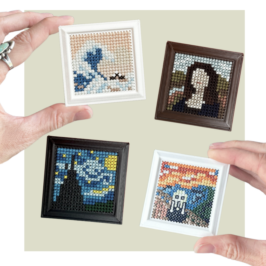 A promotional graphic for a cross-stitch pattern kit titled 'Early 3 Tiny Work of Art Patterns,' showing a central booklet or card with four finished small art portraits and two side panels with color/pattern swatches. Hands are visible holding the central card, and the overall layout is on a light gray background.
